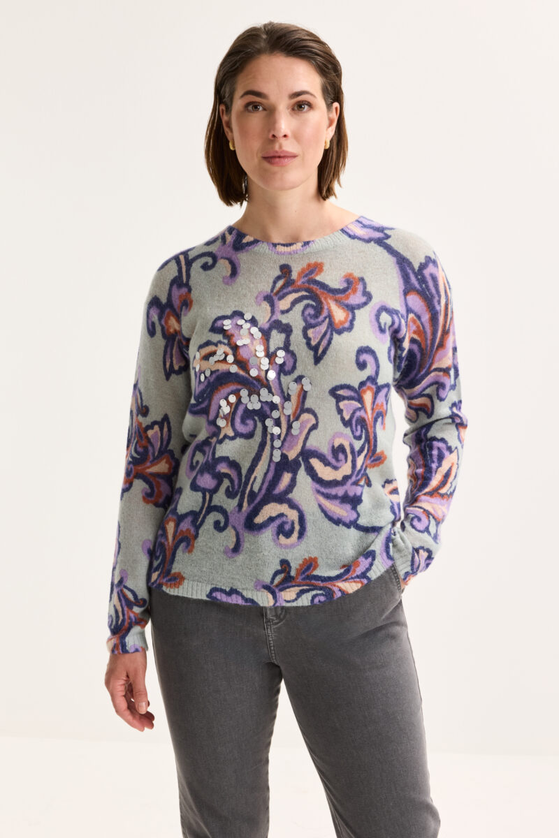 Mayerline Mohairtrui met barokke print en ronde hals