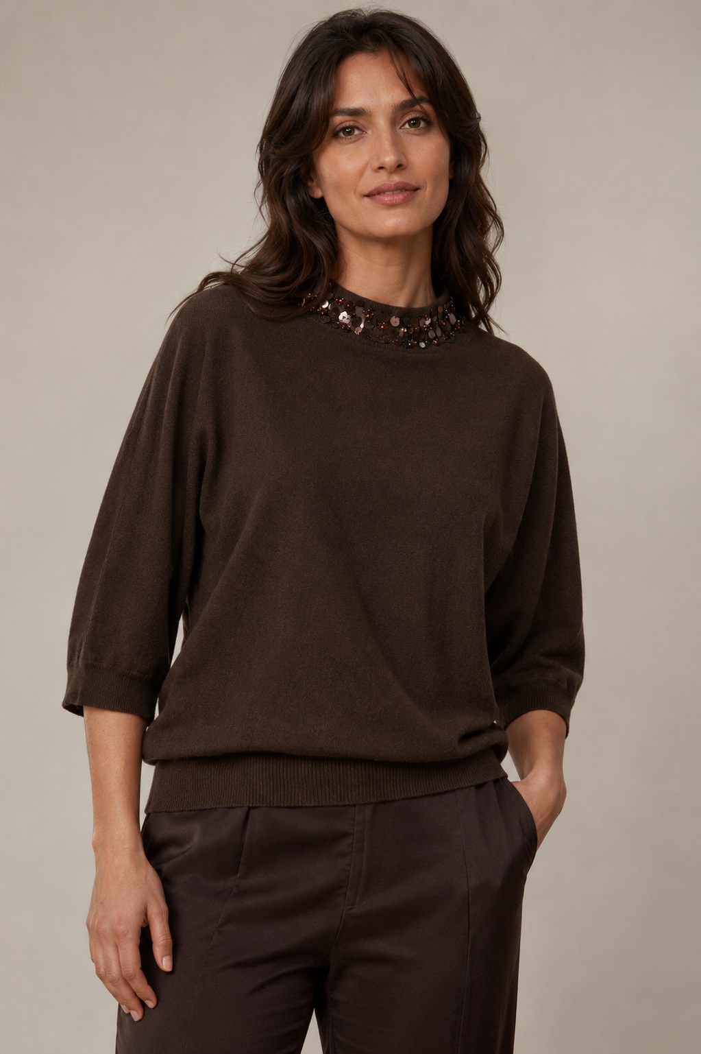 Atmos pull, pailletten hals bruin