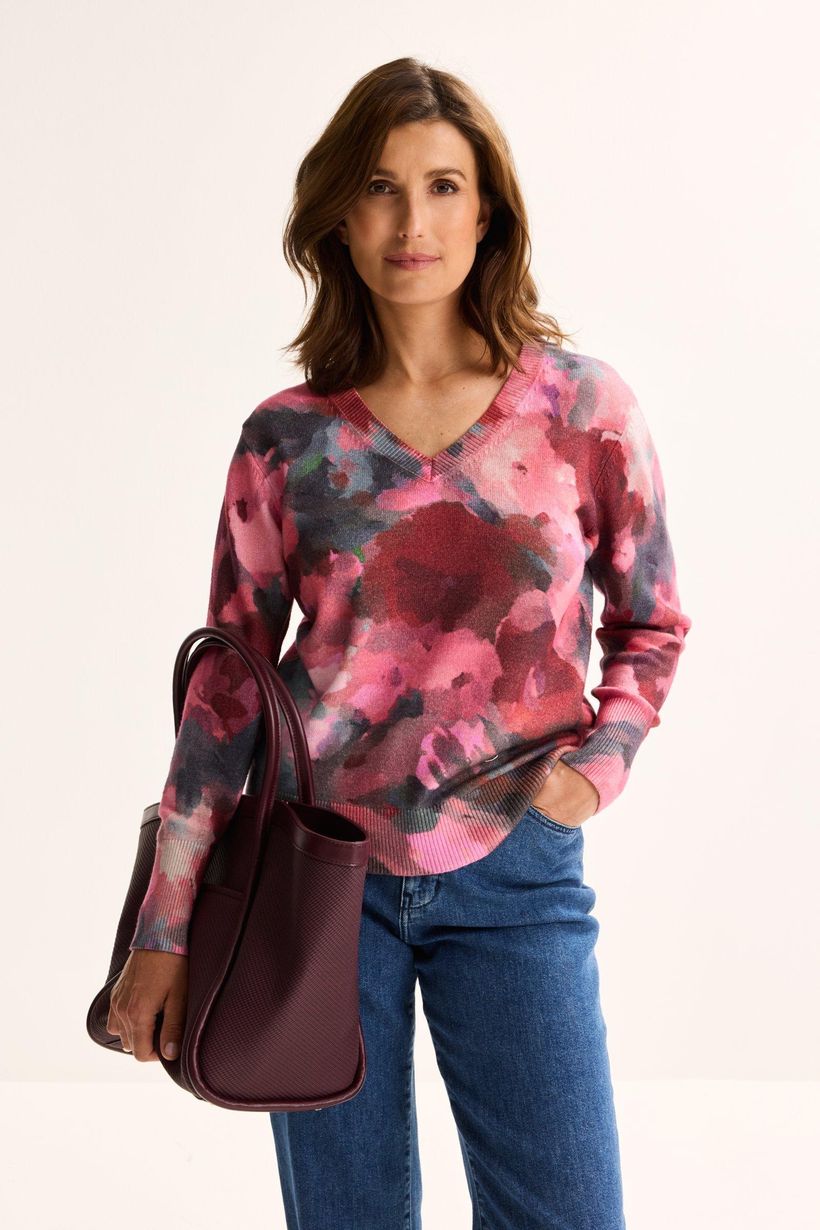 Mayerline v-hals trui aquarelprint rose atiro